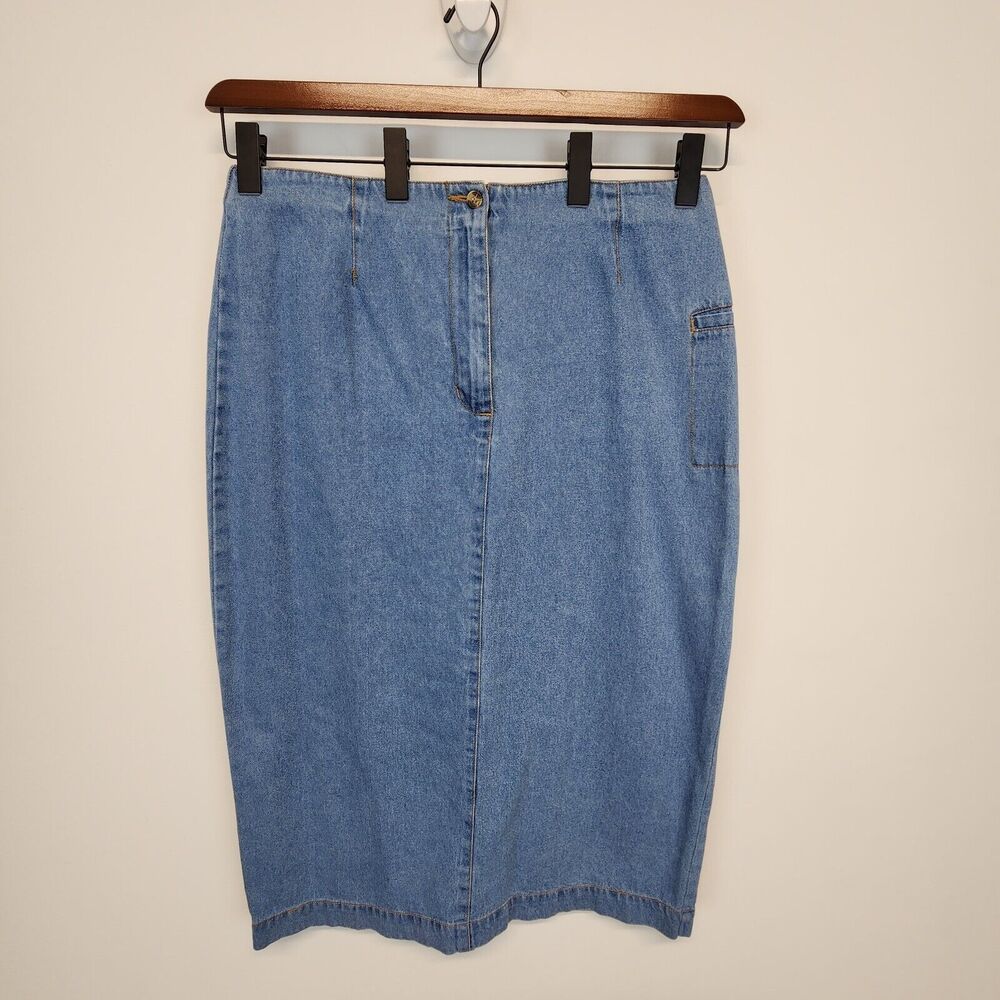 Denim Cargo Midi Skirt Size 18 34" Light Wash Back Slit Vintage Tower Hill Sport